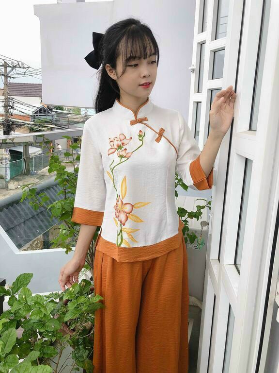 Cổ Tàu xéo phối 2 màu 054 (cam)